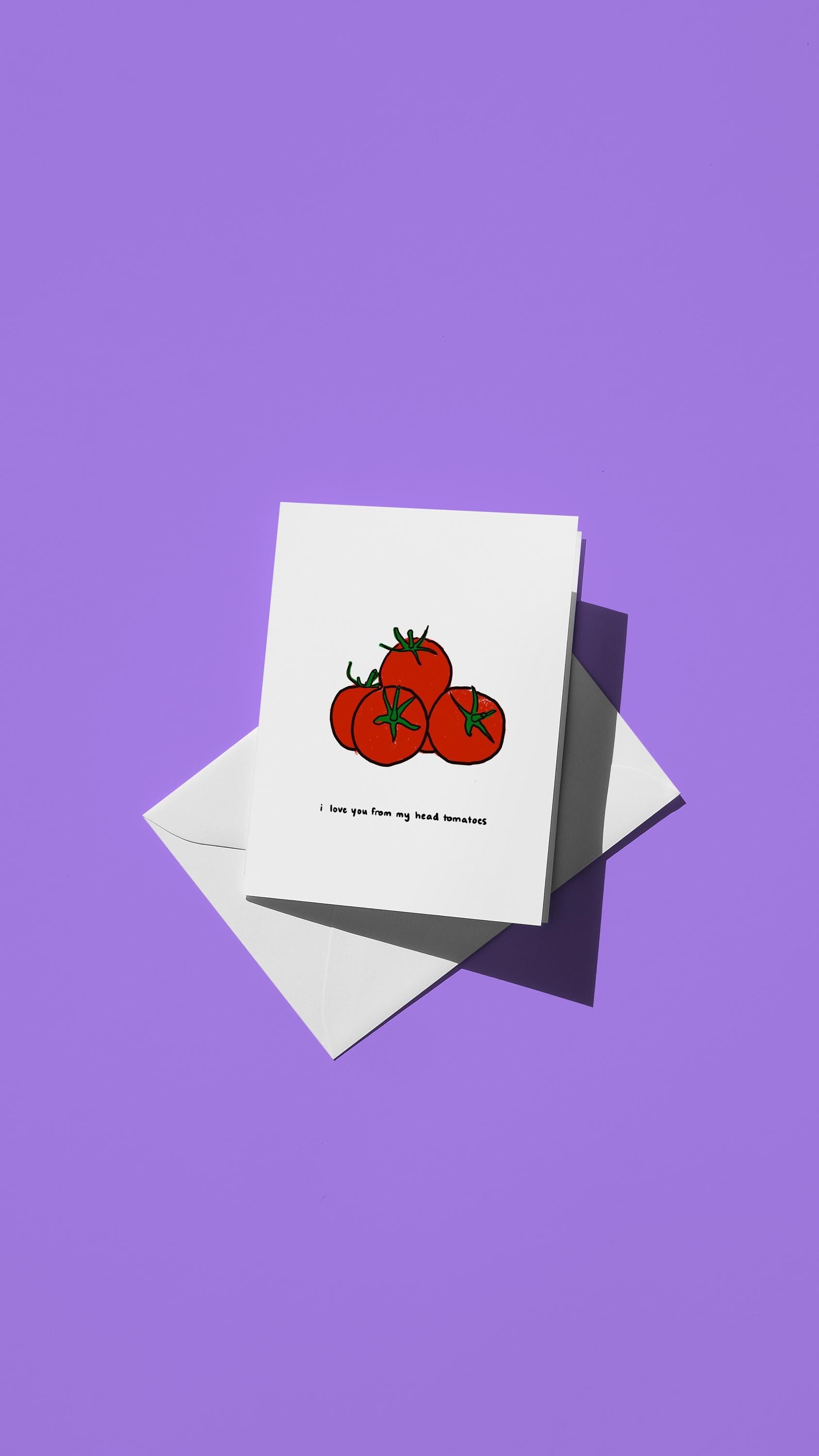 Hand-drawn illustration of a group of tomatoes with the message "i love you from my head tomatoes"