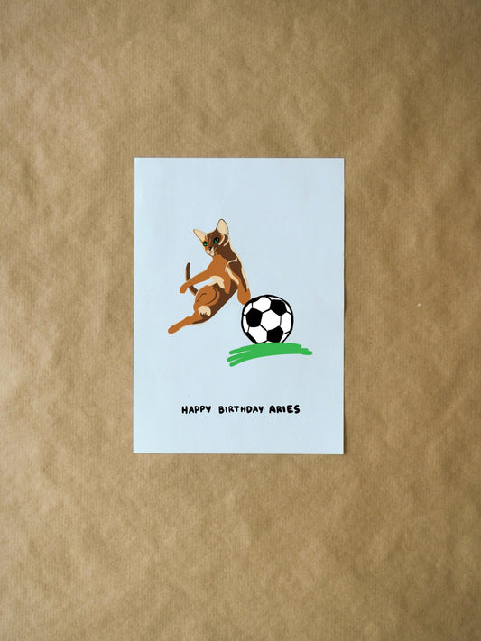 Aries Birthday Card: Cute Funny Zodiac Card with Abyssinian Cat Playing Soccer for Cat Lovers