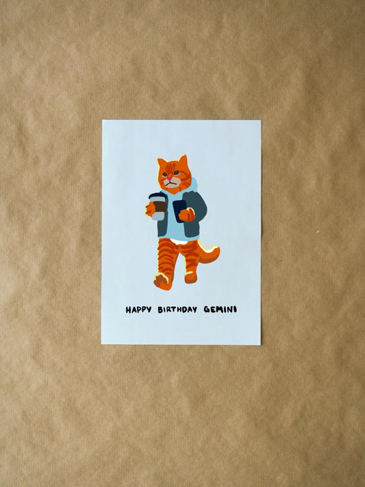 Gemini Birthday Card - Cute Orange Tabby Cat Texting with Coffee, Funny Zodiac Card for Cat Lovers & Astrology Fans