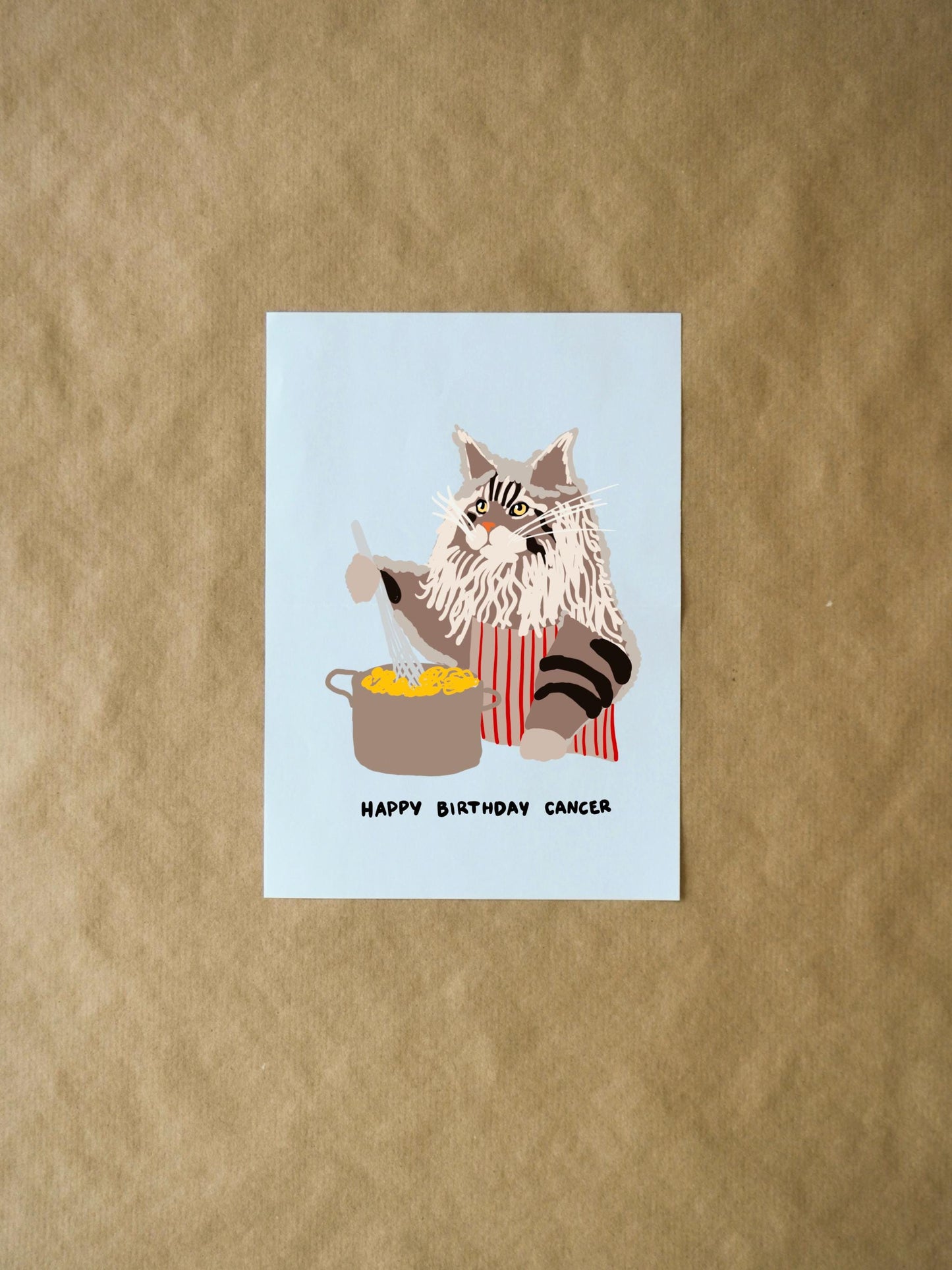 Cancer Birthday Card - Funny Cute Maine Coon Cooking Pasta, Zodiac Card for Cat Lovers, Unique Greeting for Astrology Fans