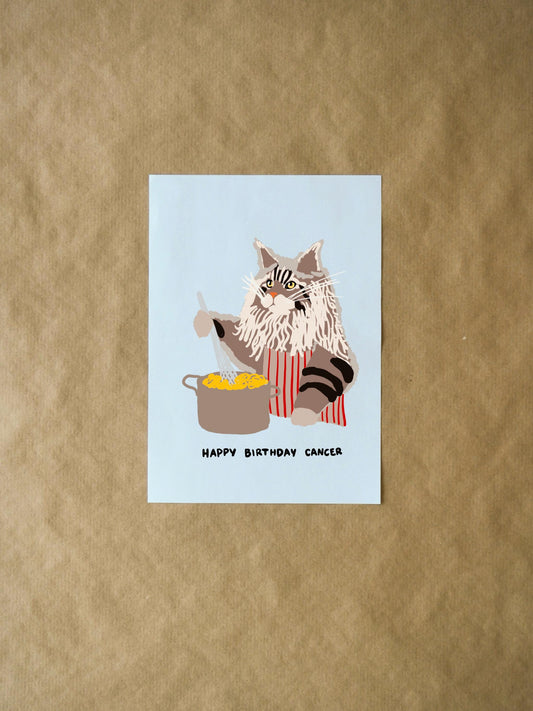 Cancer Birthday Card - Funny Cute Maine Coon Cooking Pasta, Zodiac Card for Cat Lovers, Unique Greeting for Astrology Fans