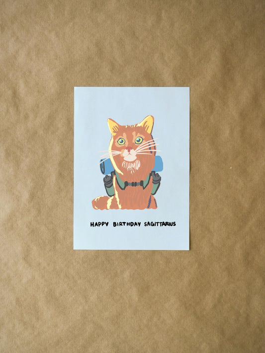 Sagittarius Birthday Card - Cute Somali Cat Hiking Illustration, Funny Zodiac Card for Cat Lovers, Perfect Gift for Astrology Fans