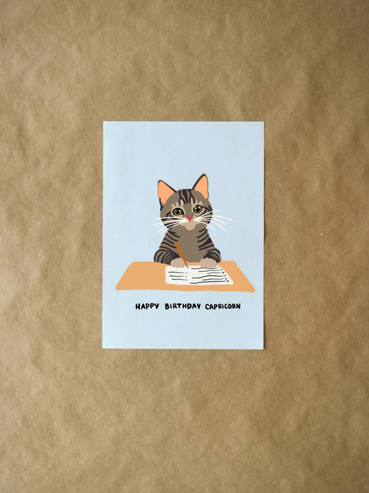 Capricorn Birthday Card | Cute Gray Cat To-Do List Illustration | Funny Zodiac Card for Cat Lovers
