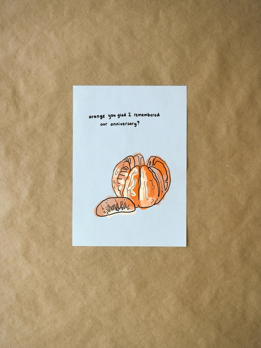 Orange You Glad Funny Anniversary Card - Cute Dad Joke Romantic Card, Silly Pun Greeting Card for Him, Her, or Couples