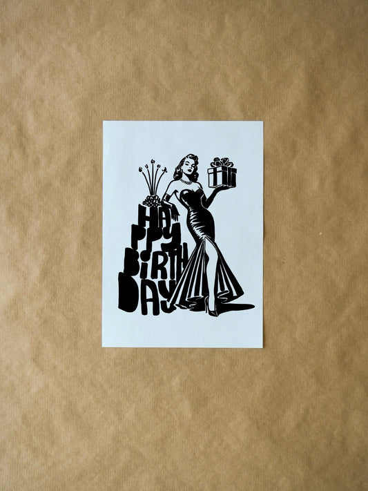 Typography Cake Happy Birthday Card - Cute, Classy and Stylish Black and White Art Card for Friends, Family, Partners