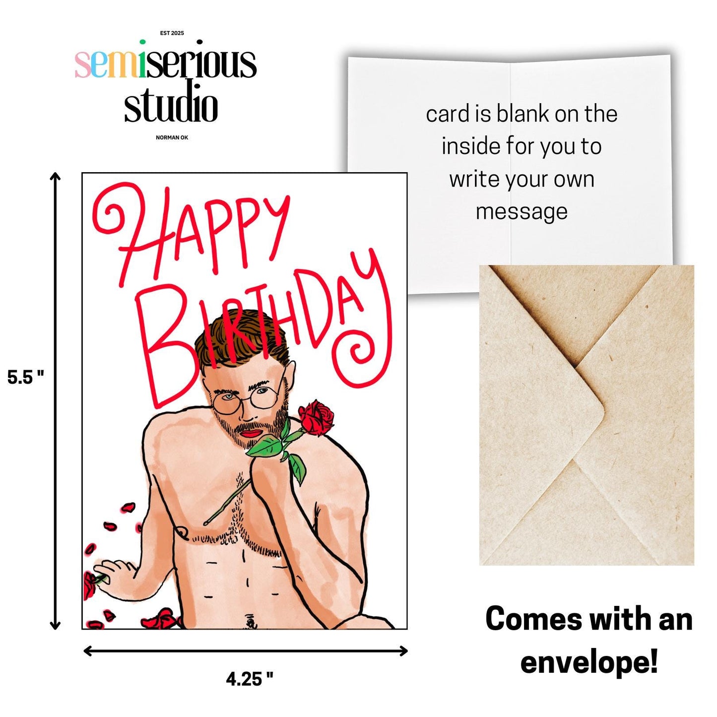 Shirtless Sexy Man Happy Birthday Card - Funny Birthday Card for Friends and Partners - Fun Gift with Colorful Design