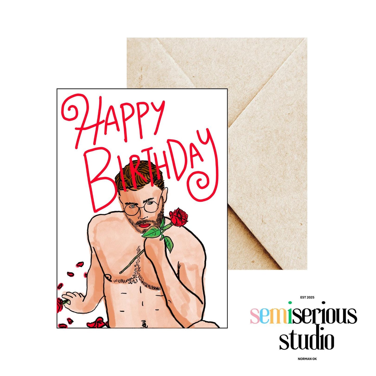 Shirtless Sexy Man Happy Birthday Card - Funny Birthday Card for Friends and Partners - Fun Gift with Colorful Design