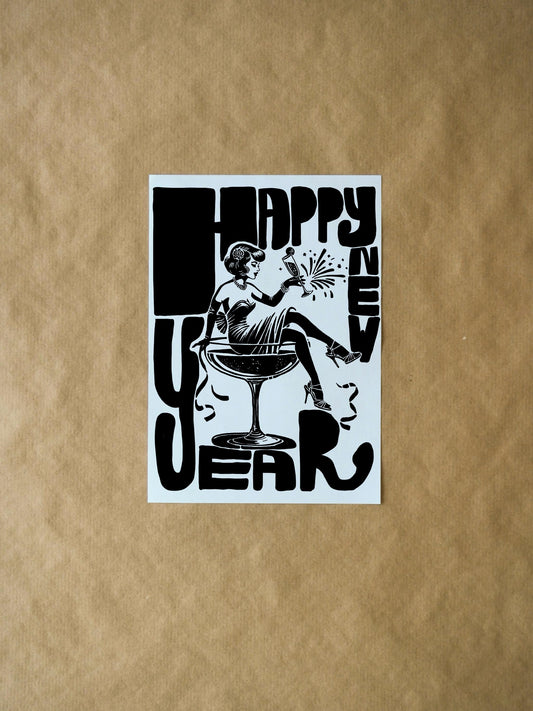 Happy New Year Card | Classic Black & White Woman Cheers with Champagne | Festive Celebration Greeting Card