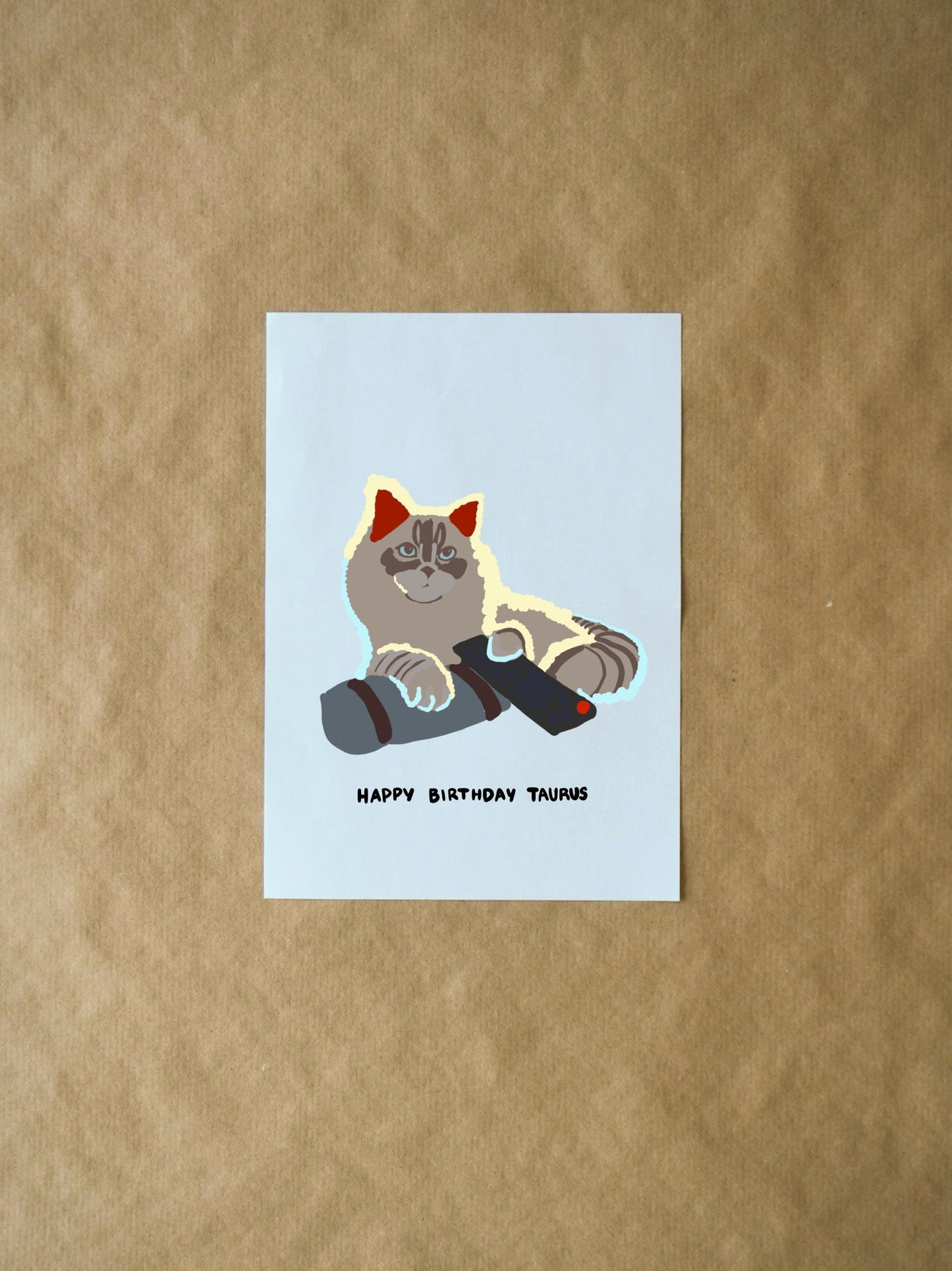 Taurus Birthday Card - Cute Gray Cat Watching TV with Remote, Funny Zodiac Card for Cat Lovers, Perfect for Taurus Birthdays