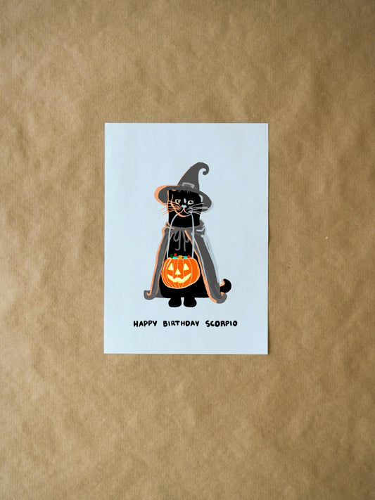 Scorpio Birthday Card: Cute Funny Zodiac Card with Black Tabby in Witch Costume for Cat Lovers, Halloween Greeting Card