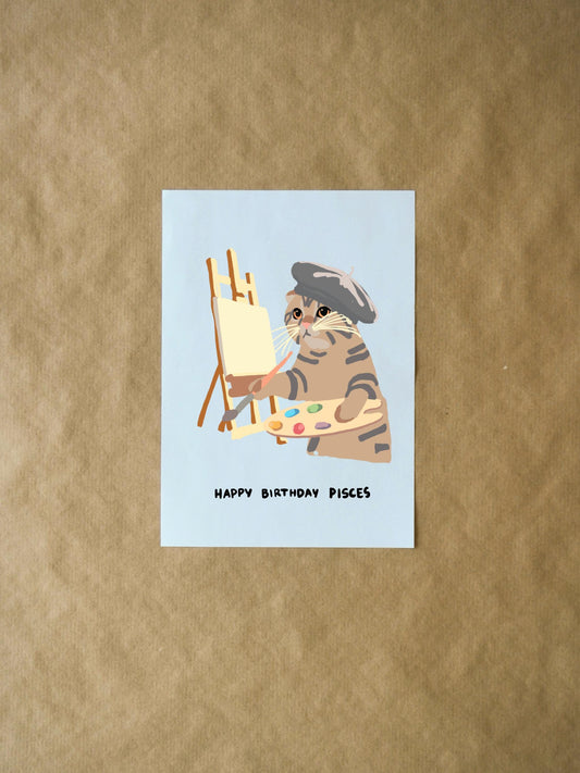 Pisces Birthday Card - Cute Ragdoll Cat Painting at Easel, Funny Zodiac Card for Cat Lovers & Astrology Fans