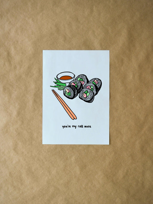 You're My Roll Mate - Funny Sushi Valentine's Day Holiday Card for Couples and Friends, Punny Romantic Greeting Card