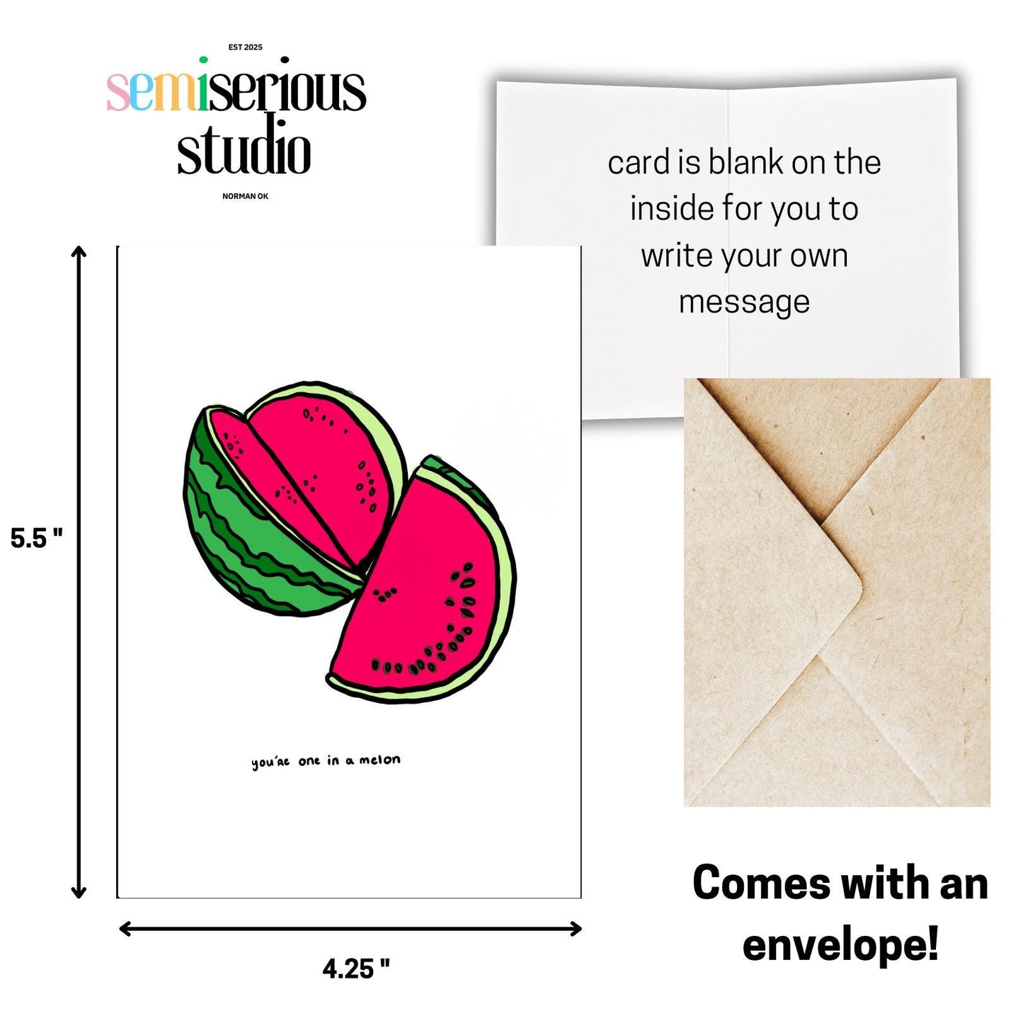 You're One in a Melon Valentine's Card - Funny Pun with Cute Watermelon Design & Sweet Words of Affirmation