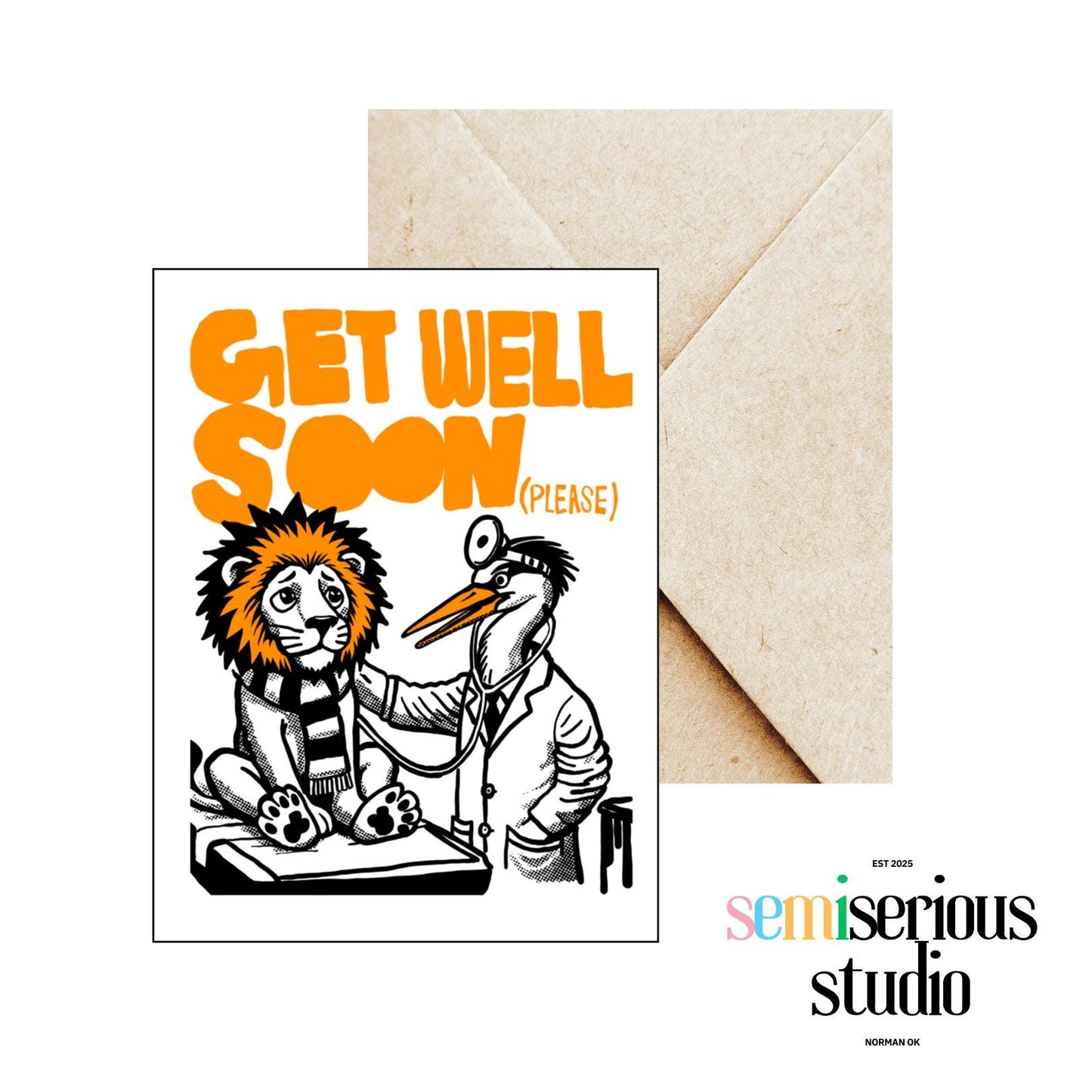 Get Well Soon (Please) Card | Sick Lion and Stork Doctor | Cute Colorful Greeting for Friends, Family & Kids