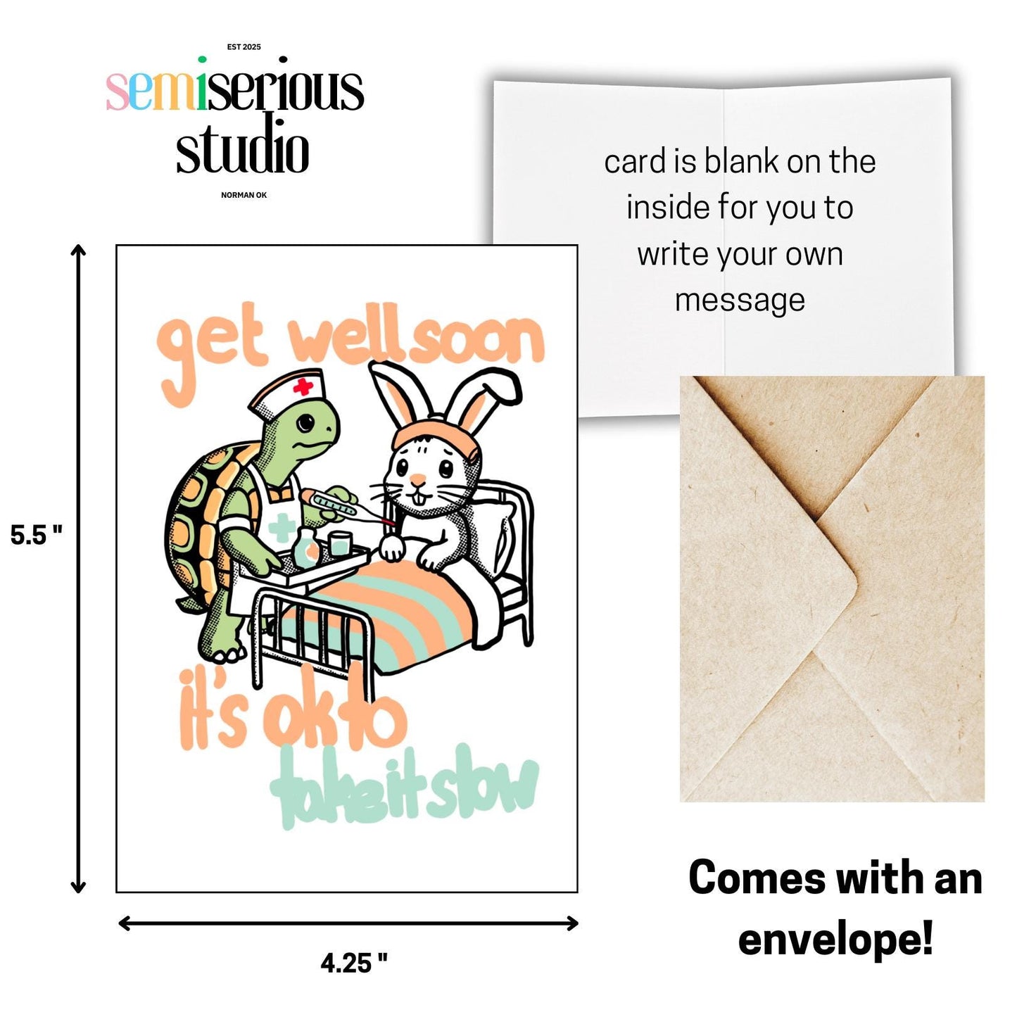 Take It Slow Card | Get Well Soon Tortoise and Hare Greeting Card for Sick Family, Friends & Kids