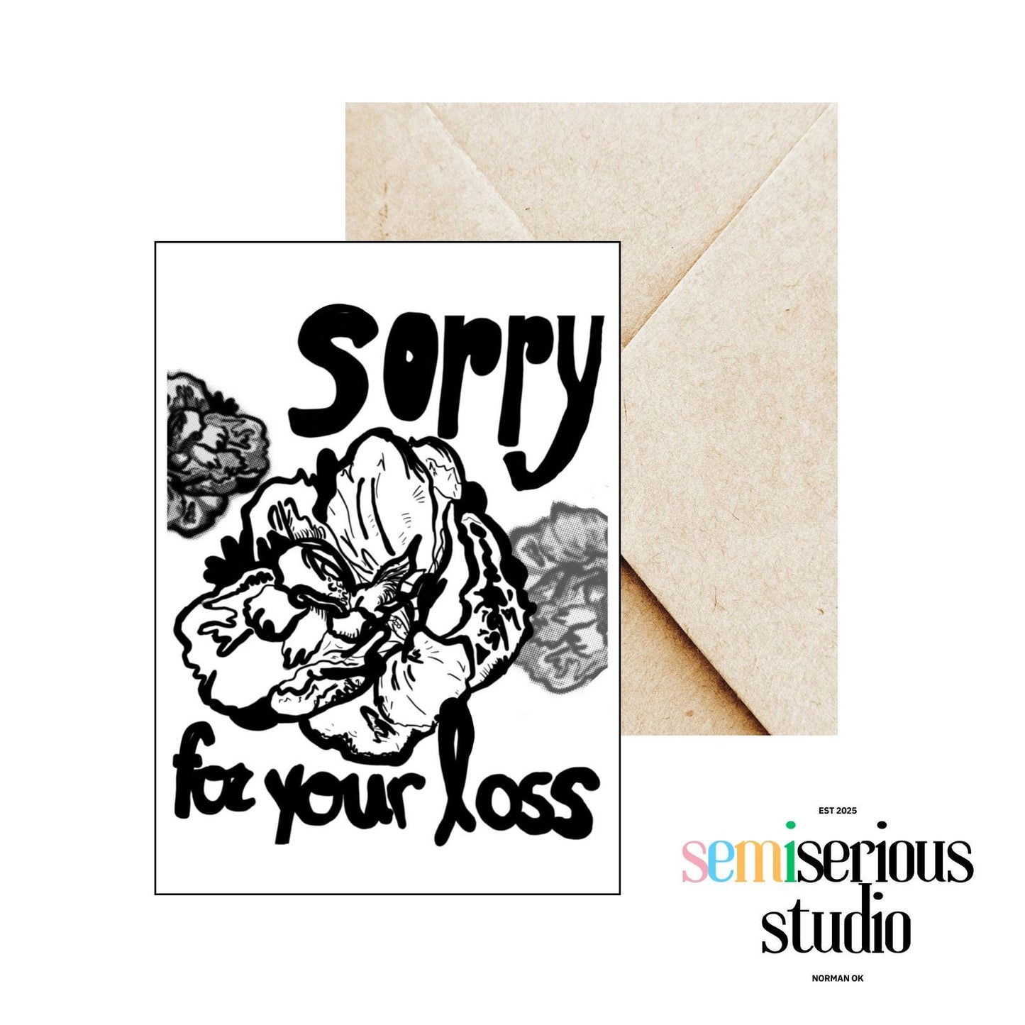 Simple Black and White Sorry For Your Loss Flower Sketch | Greeting Card for Grieving Loved Ones