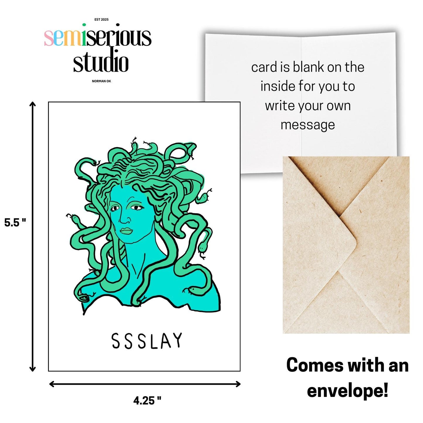 SSSLAY Medusa | Funny slay Greeting Card - Cute Greek Mythology Art Card and Unique Just Because Gift for Friends, Family