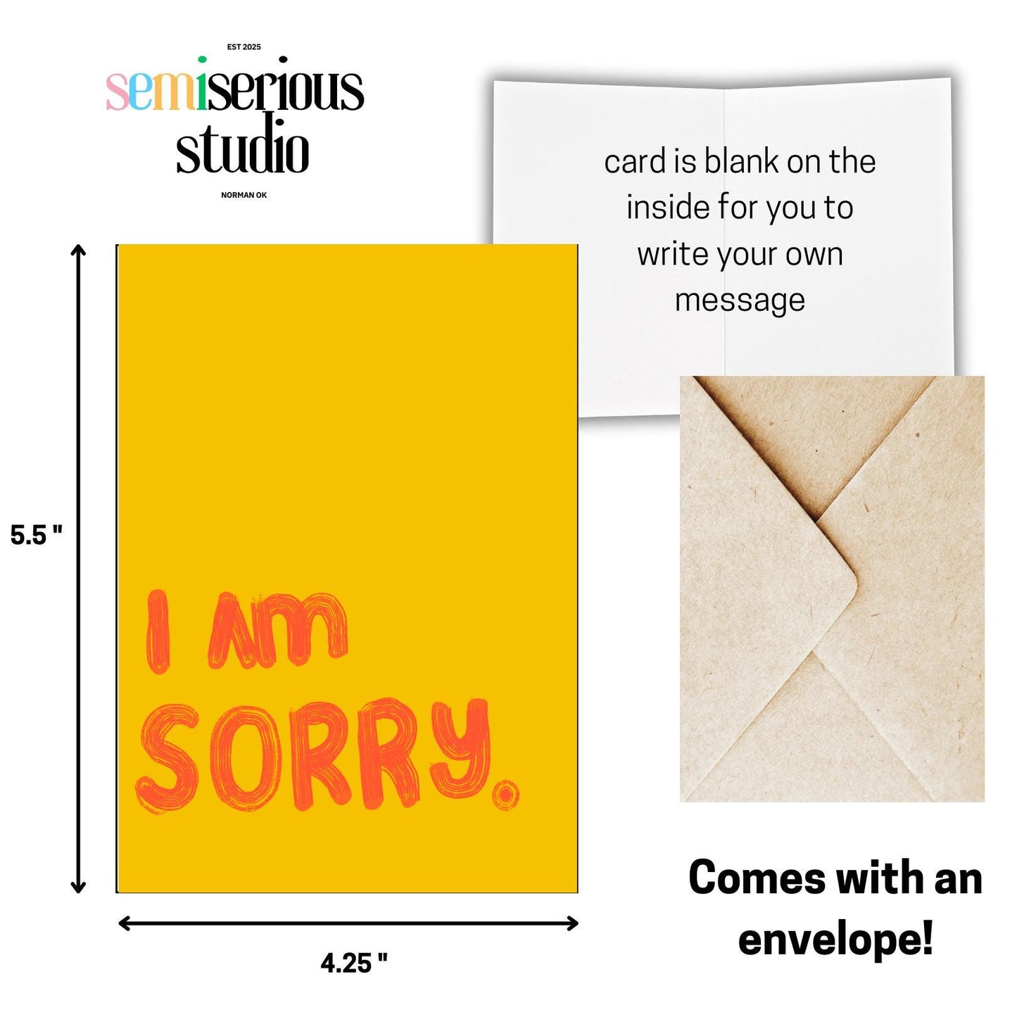 Simple Yellow Apology Card - Thoughtful I Am Sorry Note, Blank Inside, Perfect for Any Occasion, Greeting Card for Friends & Family