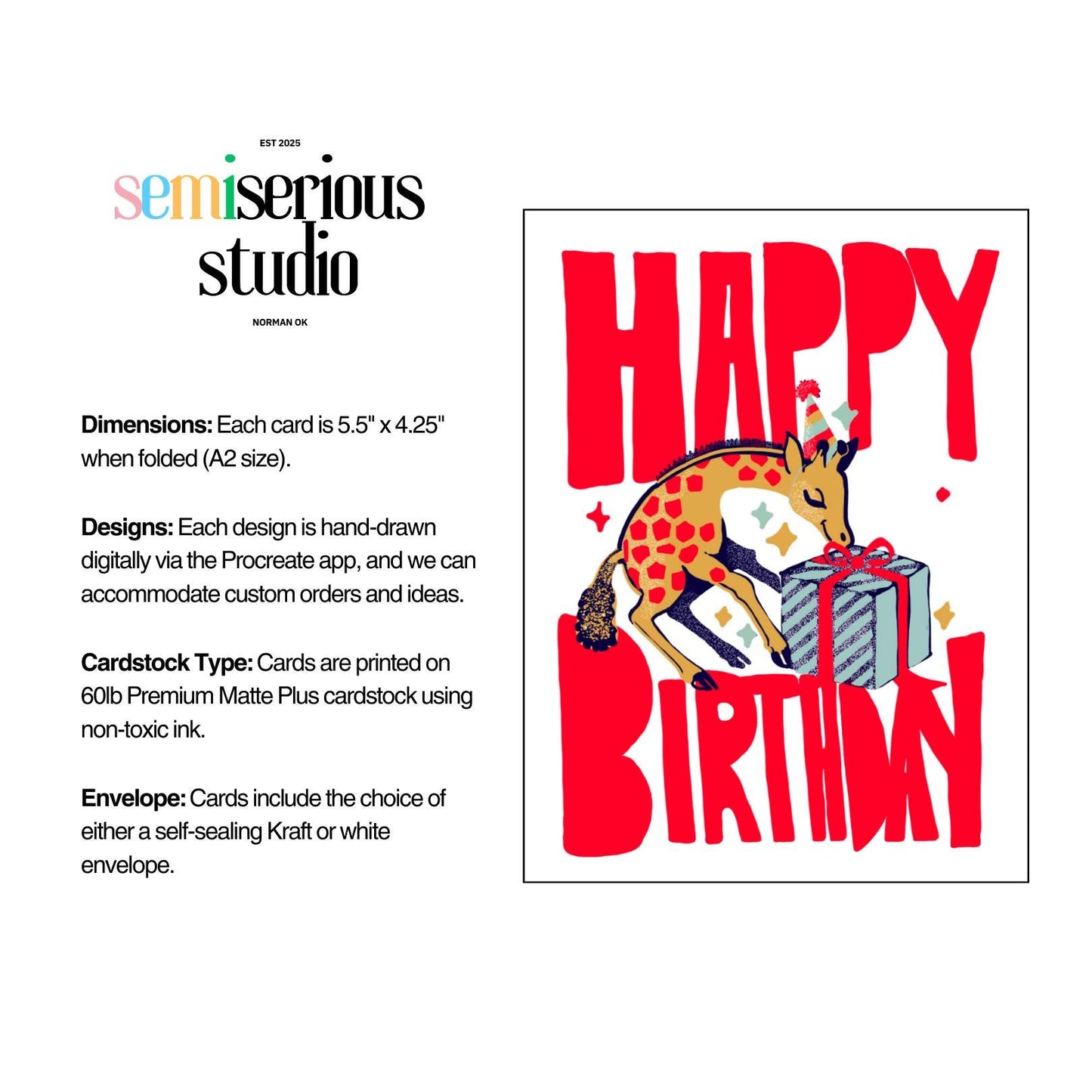 Happy Birthday Giraffe Card - Cute and Colorful Card for Friends, Family, Kids - Fun Birthday Gift Idea