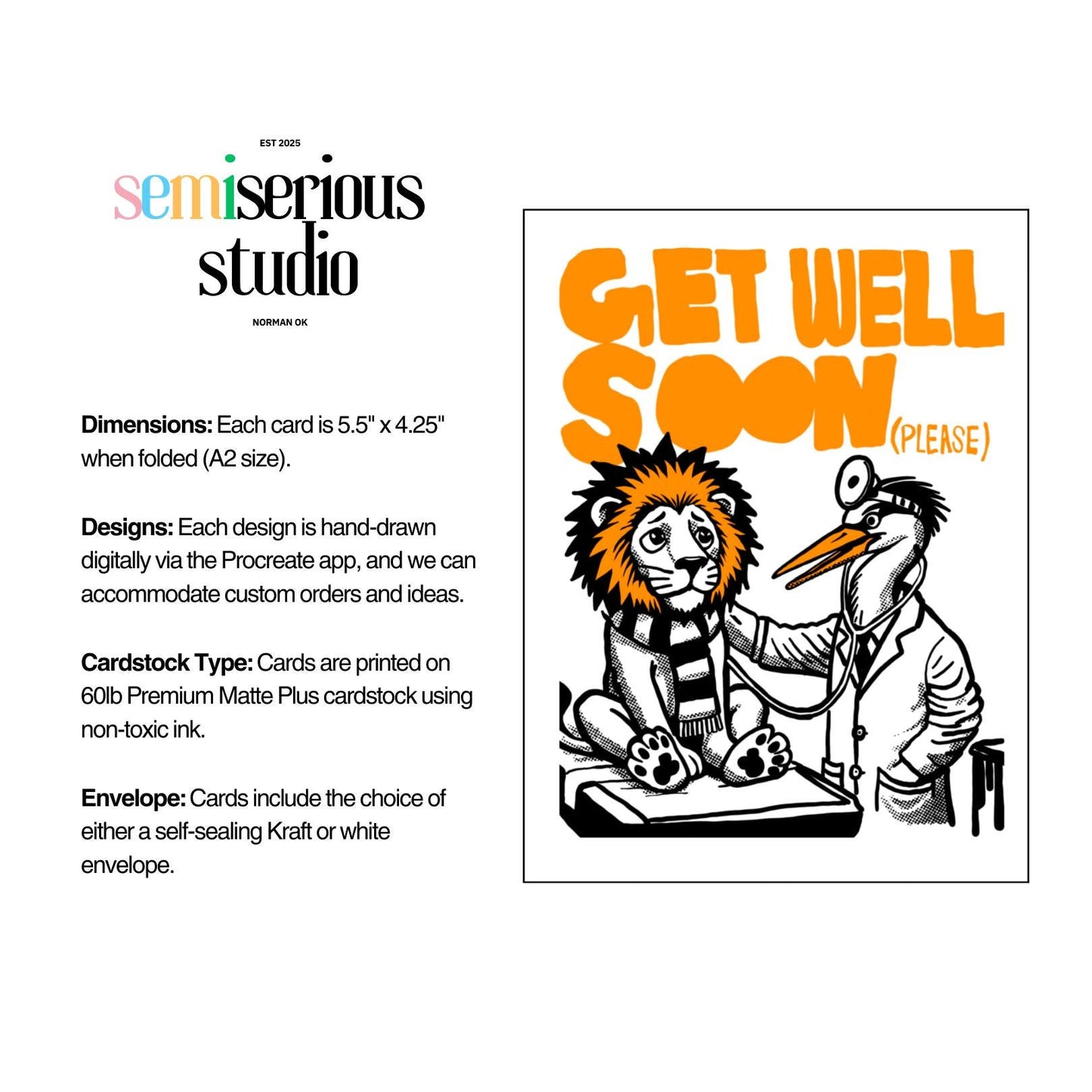 Get Well Soon (Please) Card | Sick Lion and Stork Doctor | Cute Colorful Greeting for Friends, Family & Kids