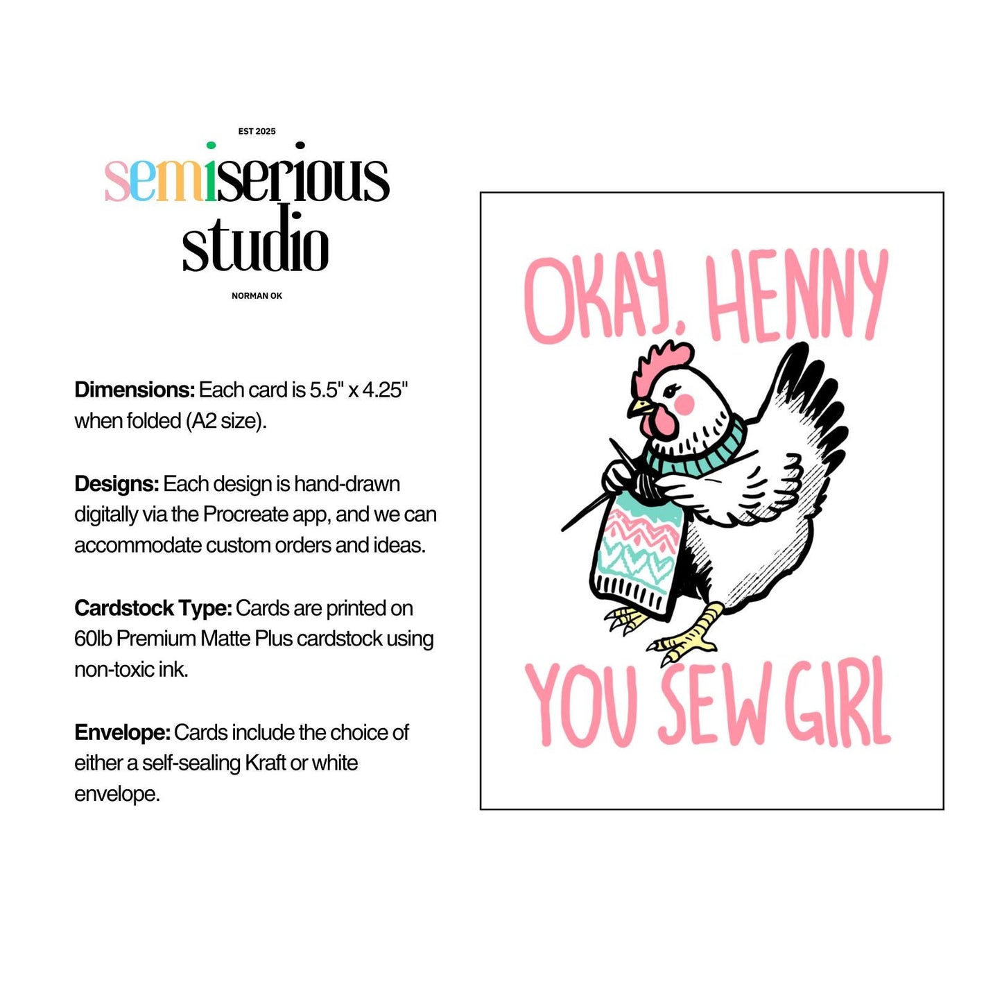 Okay Henny, You Sew Girl | Greeting Card - Cute Art Card and Unique Just Because Gift for Friends, Family, and Loved Ones