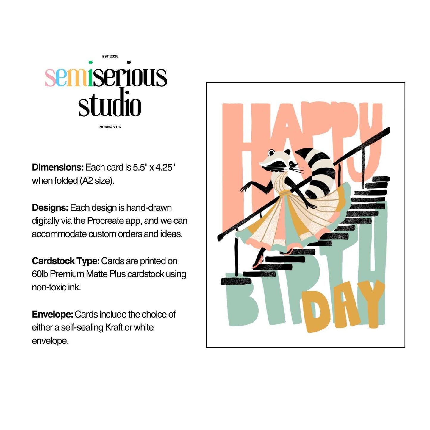 Happy Birthday Raccoon Card - Cute Colorful Birthday Card for Friends, Family and Kids - Fun Gift Idea for Raccoon Lovers