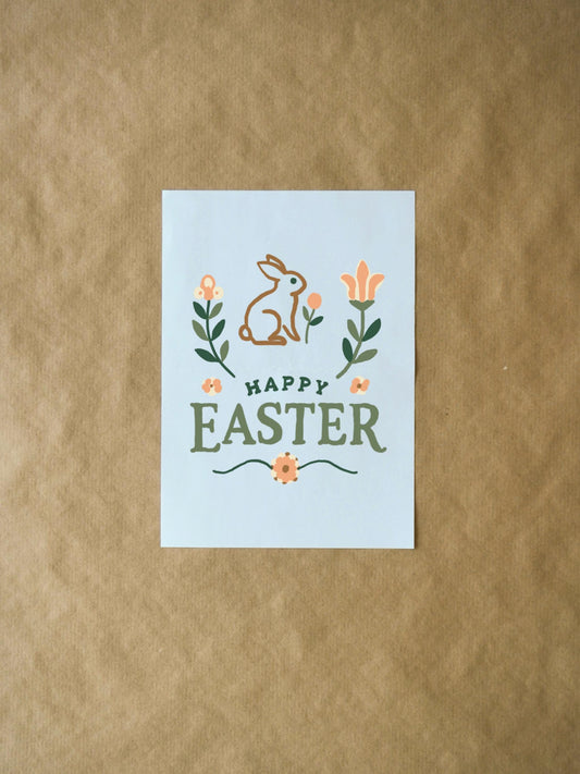 Easter Bunny Card | Cute Minimalist Happy Easter Floral Greeting Card for Kids & Friends | Fun Colorful Pastel Spring Holiday Card