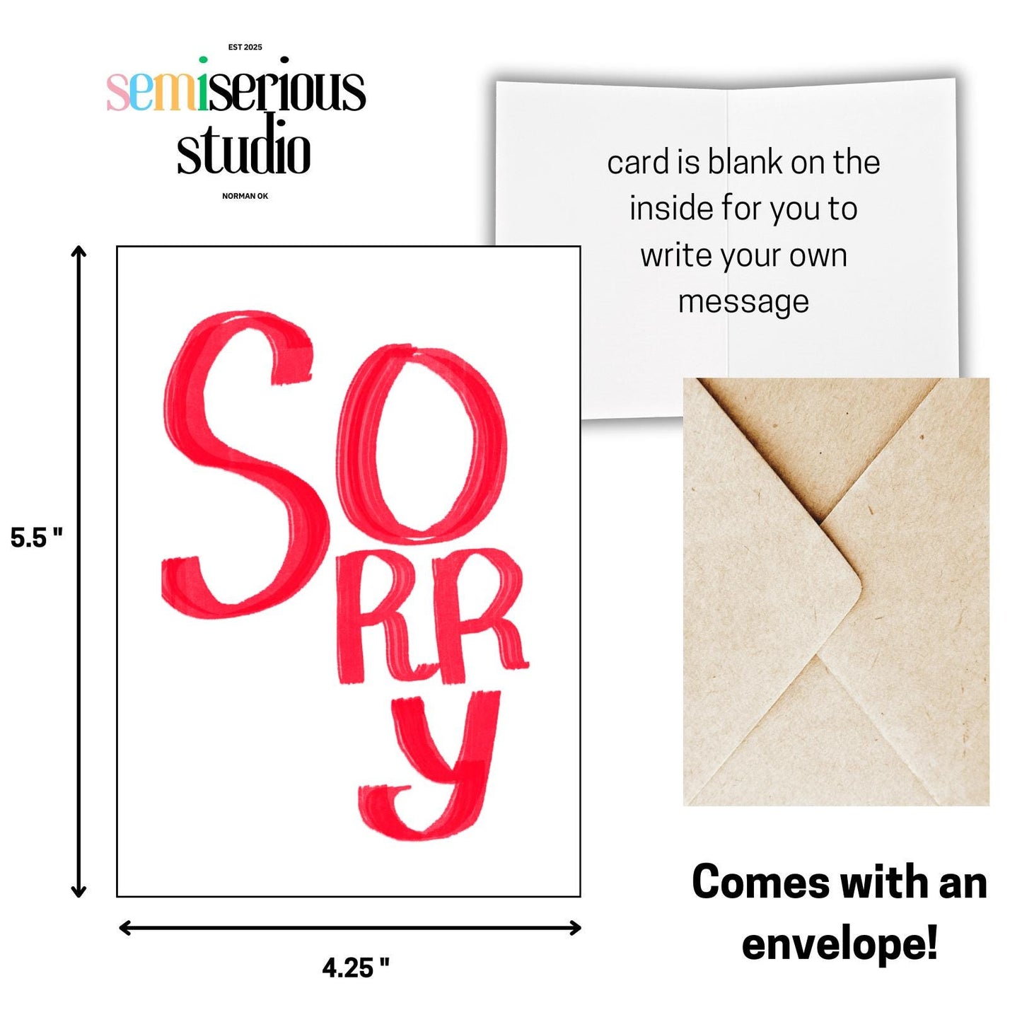 Sorry Apology Card, Simple Red Text Greeting Card, Thoughtful Sorry Note, Blank Inside for Your Message, Unique Sorry Card
