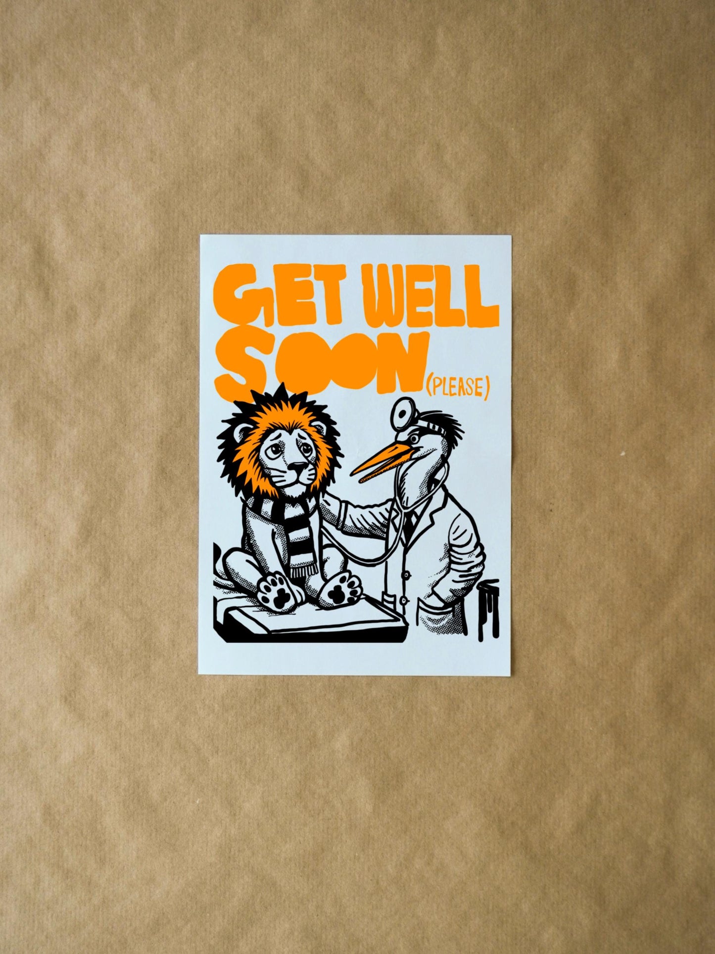 Get Well Soon (Please) Card | Sick Lion and Stork Doctor | Cute Colorful Greeting for Friends, Family & Kids