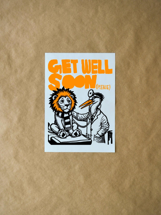 Get Well Soon (Please) Card | Sick Lion and Stork Doctor | Cute Colorful Greeting for Friends, Family & Kids