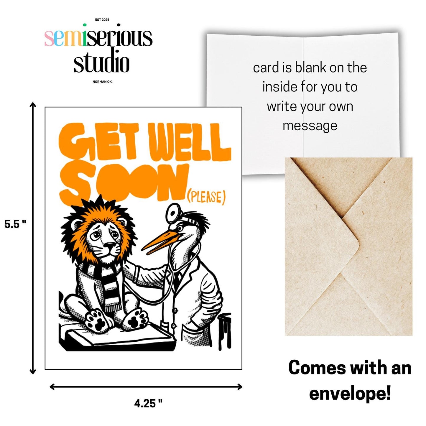 Get Well Soon (Please) Card | Sick Lion and Stork Doctor | Cute Colorful Greeting for Friends, Family & Kids