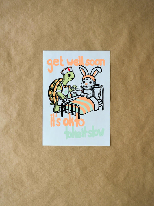 Take It Slow Card | Get Well Soon Tortoise and Hare Greeting Card for Sick Family, Friends & Kids