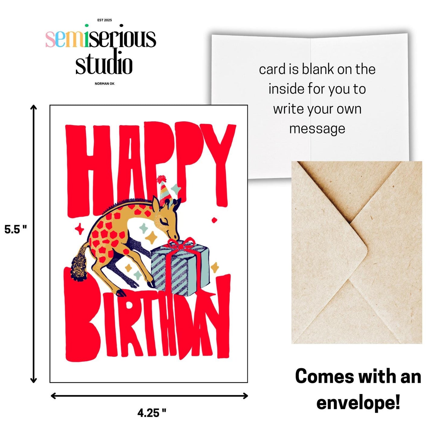 Happy Birthday Giraffe Card - Cute and Colorful Card for Friends, Family, Kids - Fun Birthday Gift Idea