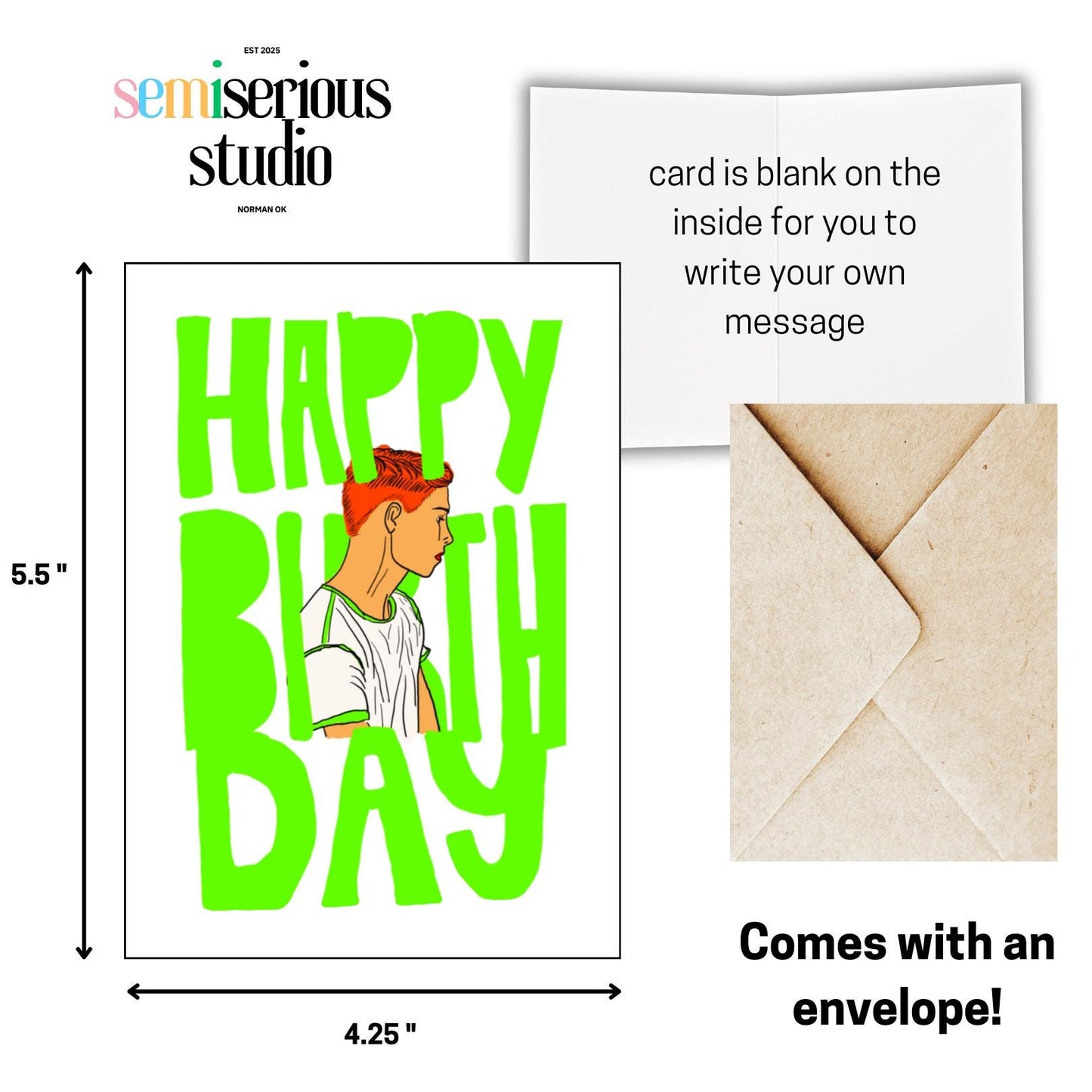 Happy Birthday Card - Cute Neon Green Boy Design for Kids, Friends & Family, Colorful Gift Card, Artistic Fun