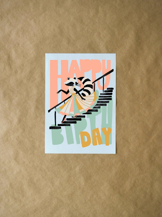 Happy Birthday Raccoon Card - Cute Colorful Birthday Card for Friends, Family and Kids - Fun Gift Idea for Raccoon Lovers
