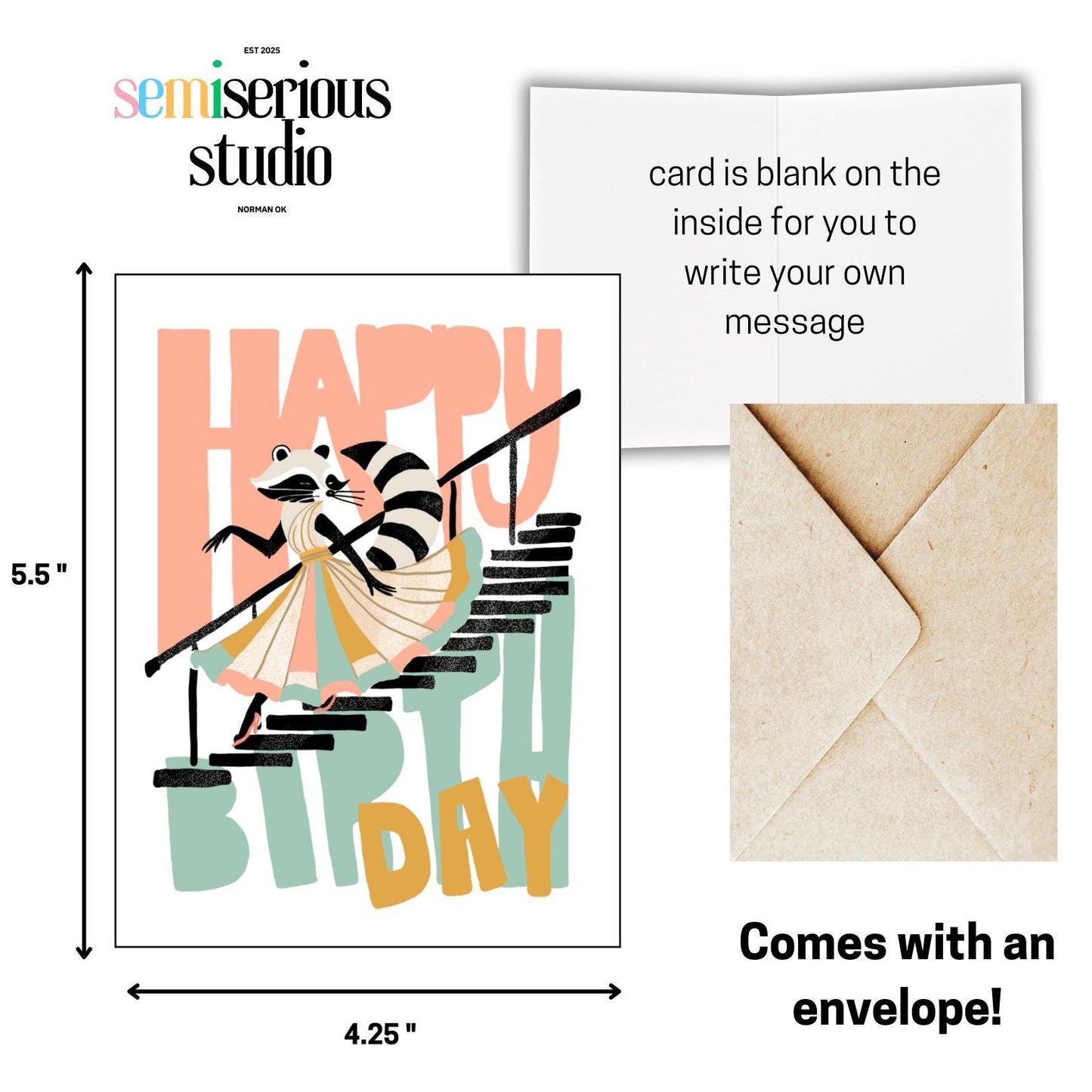 Happy Birthday Raccoon Card - Cute Colorful Birthday Card for Friends, Family and Kids - Fun Gift Idea for Raccoon Lovers