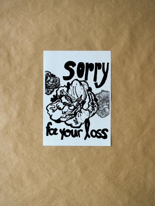 Simple Black and White Sorry For Your Loss Flower Sketch | Greeting Card for Grieving Loved Ones