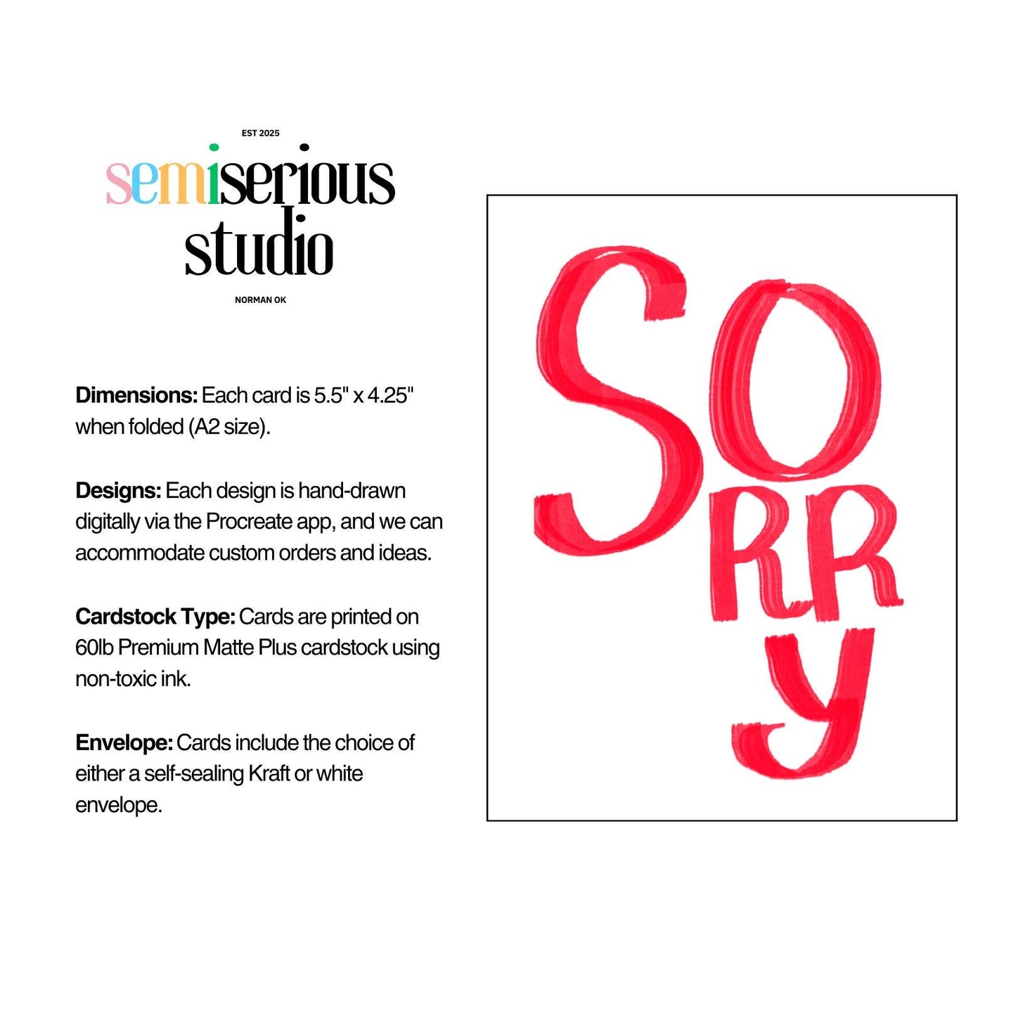 Sorry Apology Card, Simple Red Text Greeting Card, Thoughtful Sorry Note, Blank Inside for Your Message, Unique Sorry Card