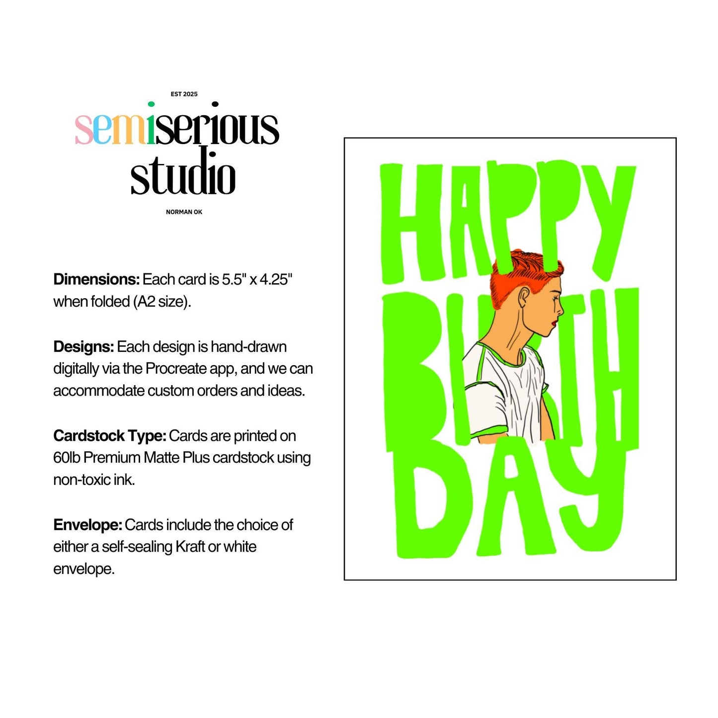 Happy Birthday Card - Cute Neon Green Boy Design for Kids, Friends & Family, Colorful Gift Card, Artistic Fun