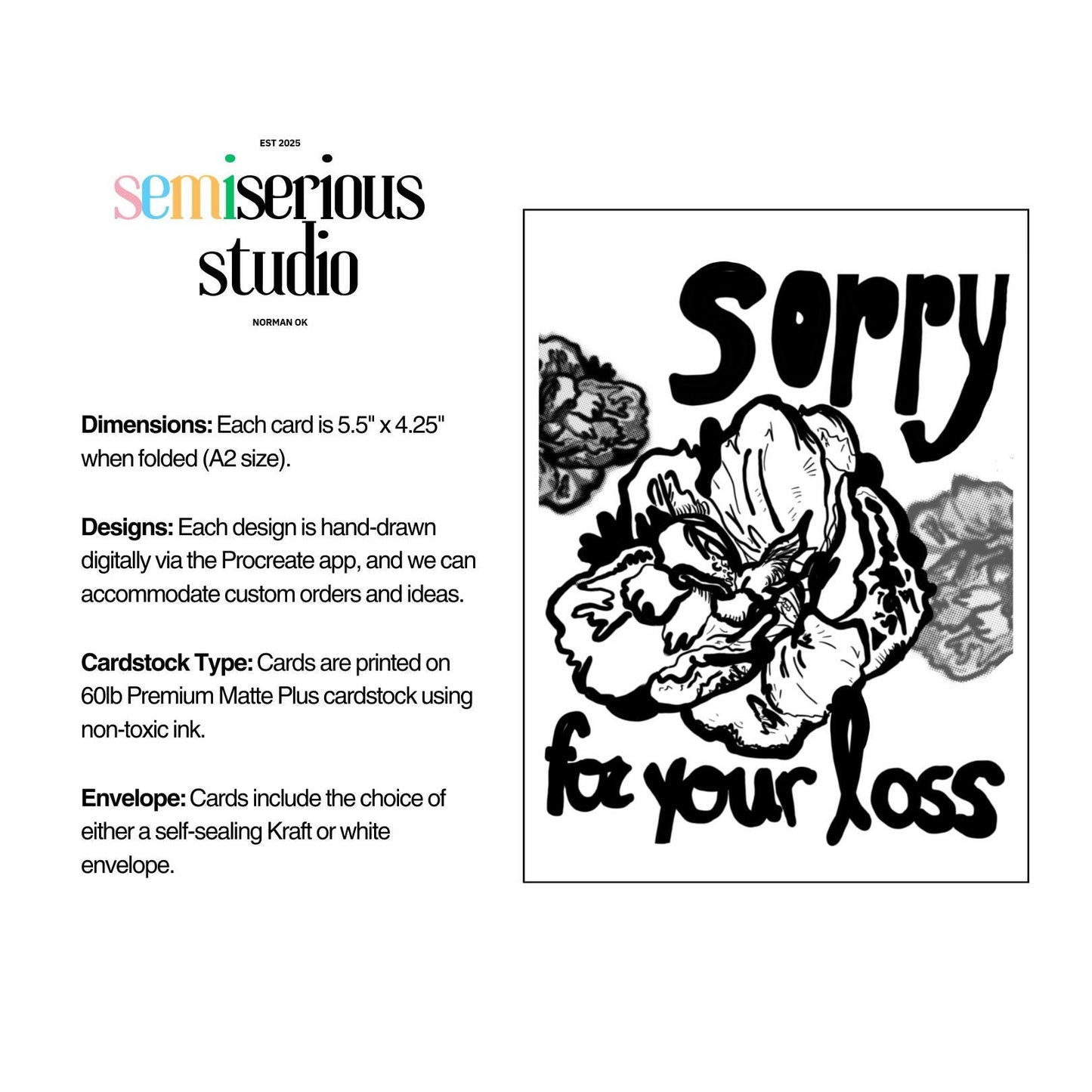 Simple Black and White Sorry For Your Loss Flower Sketch | Greeting Card for Grieving Loved Ones