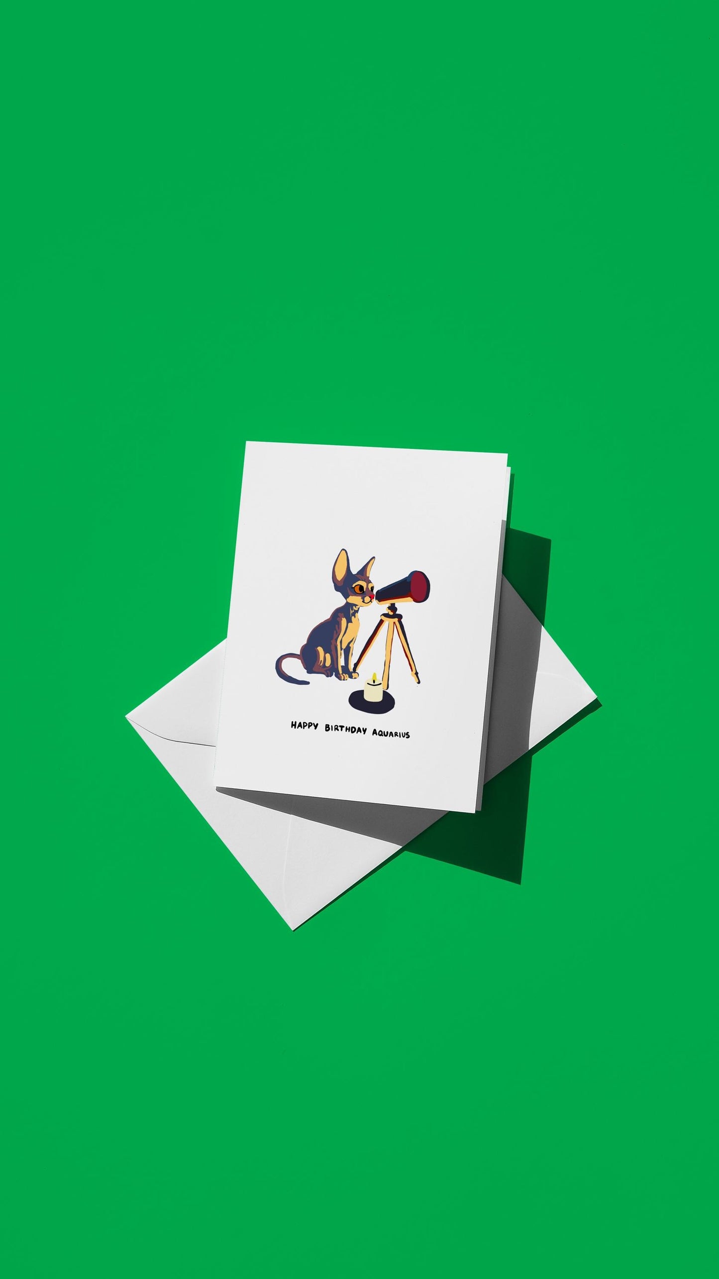 Aquarius Birthday Card - Cute Zodiac Card with Sphynx Cat Stargazing & Telescope, Funny Gift for Cat Lovers