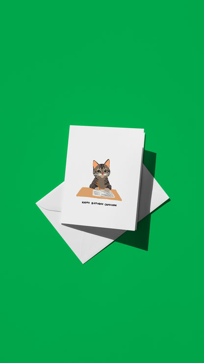 Capricorn Birthday Card | Cute Gray Cat To-Do List Illustration | Funny Zodiac Card for Cat Lovers
