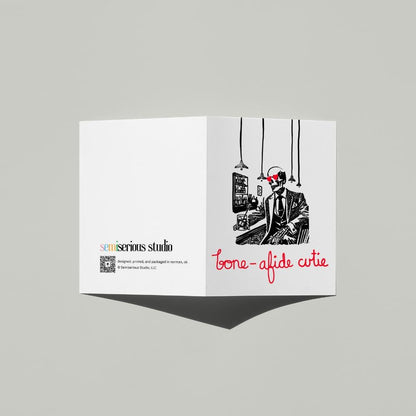 Bone-afide Cutie | Funny Halloween Card | Hand-Drawn Art Print | Spooky Fall Autumn Greeting Card for Partners | Skeleton A2 Illustration