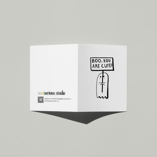 Cute ghost with a sign "Boo, you are cute" A2 greeting card Halloween spooky minimal hand-drawn humor fall autumn funny pun October holiday