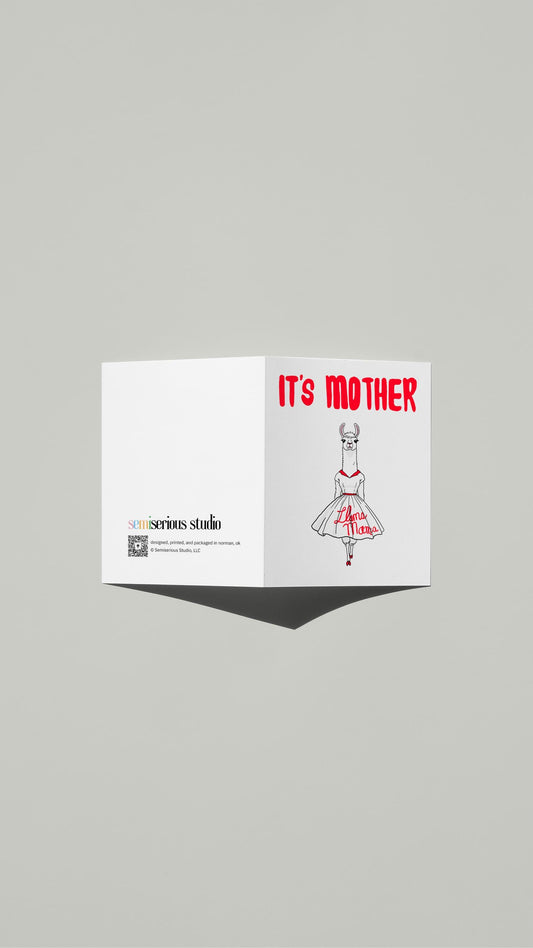 It's Mother Llama Mamma card standing open, showing the front artwork and the Semiserious Studio logo on the back