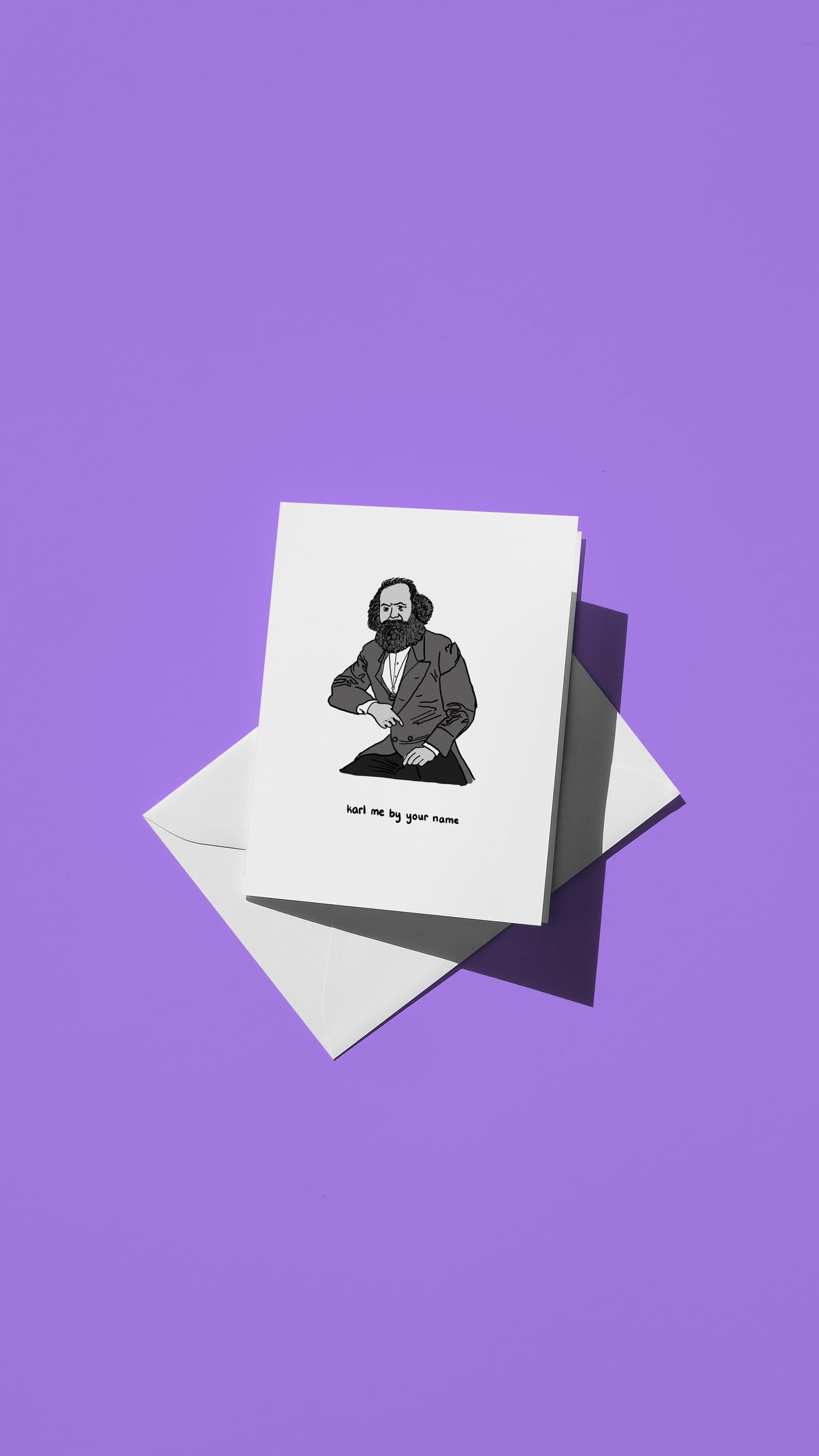 Hand-drawn illustration of Karl Marx with the message "karl me by your name"