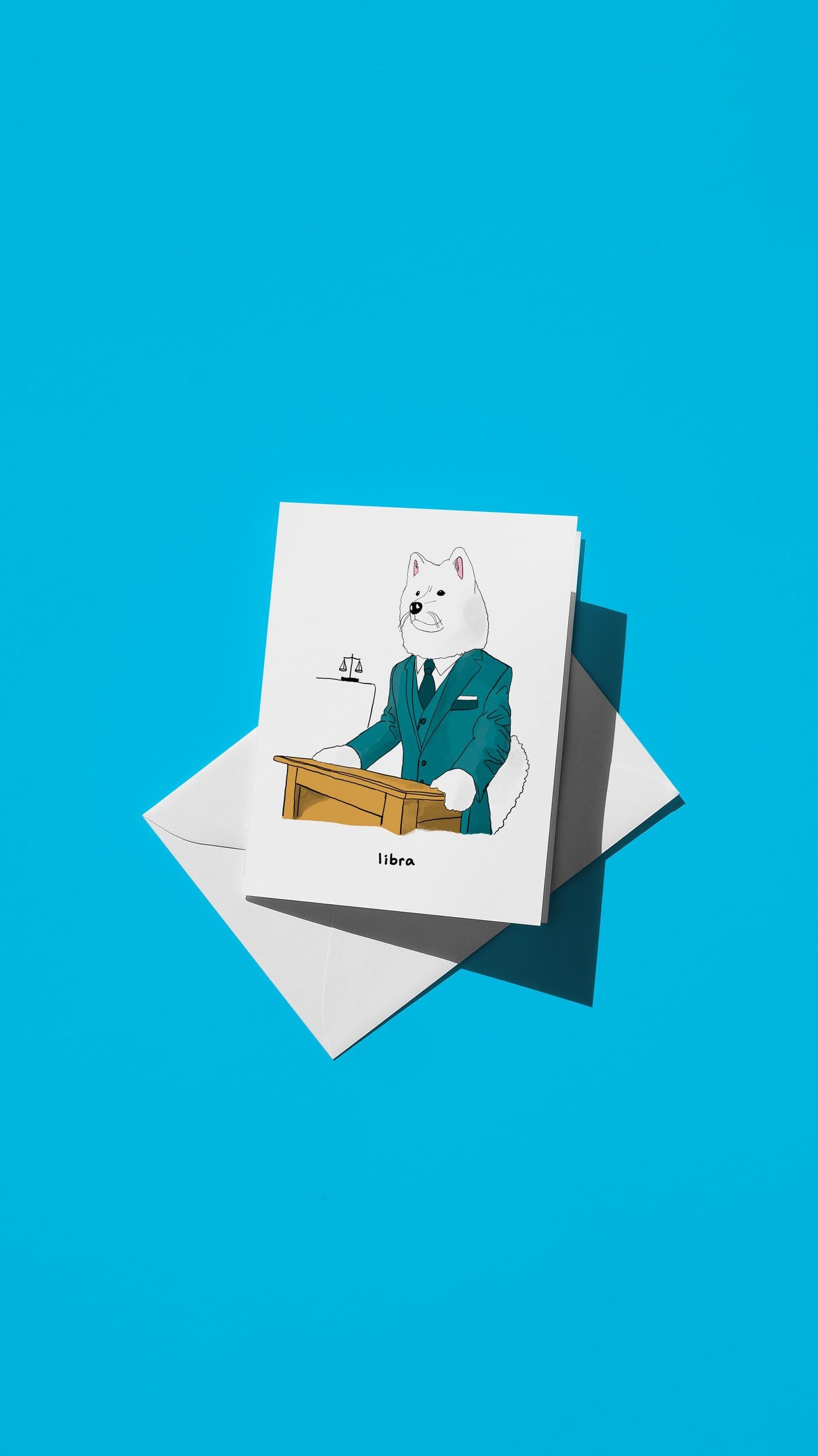 Hand-drawn illustration of a Samoyed lawyer wearing a suit in a courtroom with the message "libra"