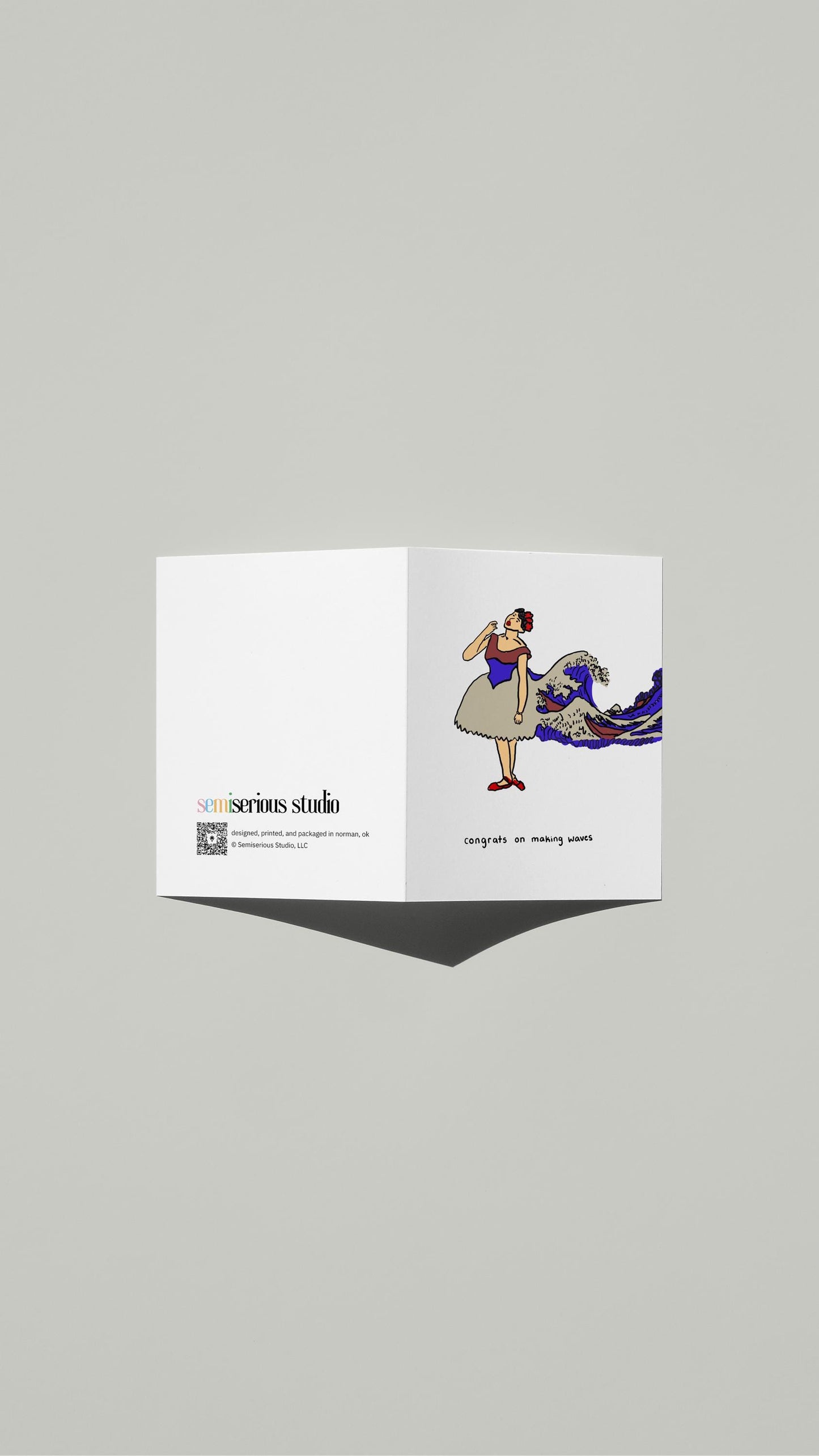 Making Waves Job Promotion card standing open, showing the front artwork and the Semiserious Studio logo on the back