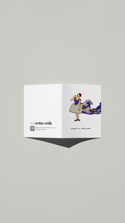 Making Waves Job Promotion card standing open, showing the front artwork and the Semiserious Studio logo on the back