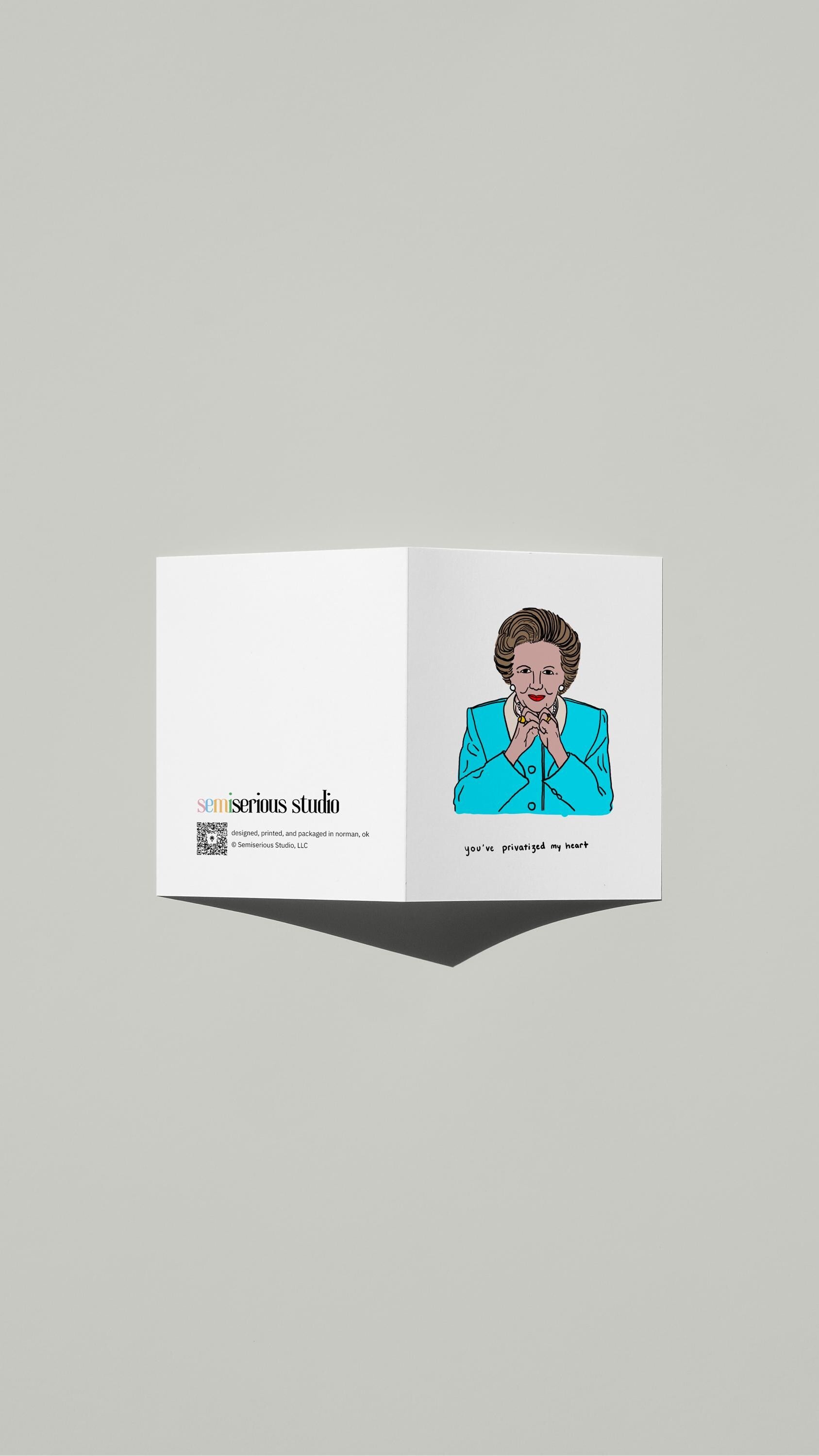 Margaret Thatcher Valentine card standing open, showing the front artwork and the Semiserious Studio logo on the back